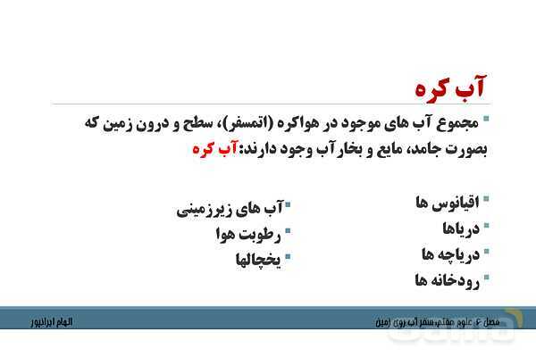 پاورپوینت تدریس فصل 6 علوم هفتم: سفر آب روی زمین- پیش نمایش