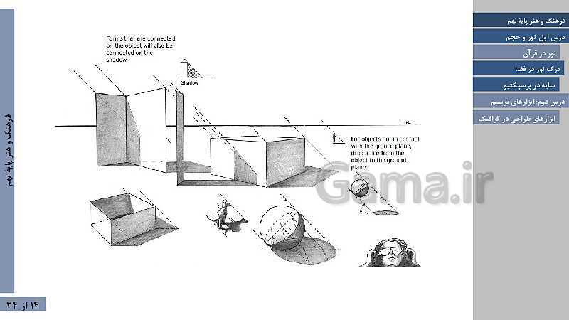  پاورپوینت فصل اول فرهنگ و هنر نهم | درس 2: نور و حجم و درس 3: ابزارهای ترسیم- پیش نمایش