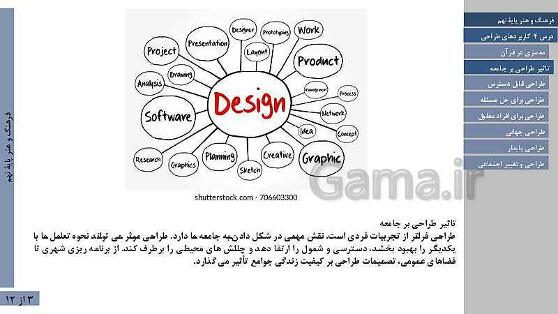 پاورپوینت فصل اول فرهنگ و هنر نهم | درس 4: تعریف و کاربردهای طراحی- پیش نمایش