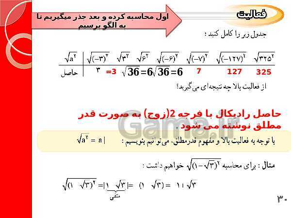 پاورپوینت حل فعالیت، کار در کلاس و تمرین‌های فصل دوم ریاضی نهم: عددهای حقیقی- پیش نمایش