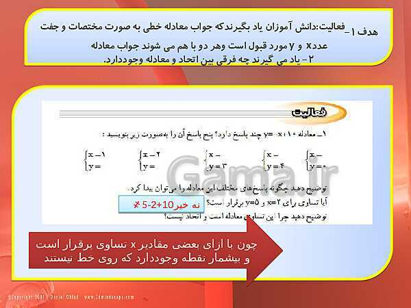 پاورپوینت حل فعالیت، کار در کلاس و تمرین‌های فصل ششم ریاضی نهم: خط و معادله‌های خطی- پیش نمایش