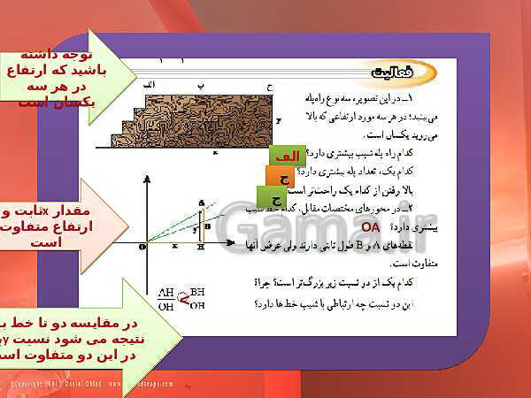 پاورپوینت حل فعالیت، کار در کلاس و تمرین‌های فصل ششم ریاضی نهم: خط و معادله‌های خطی- پیش نمایش