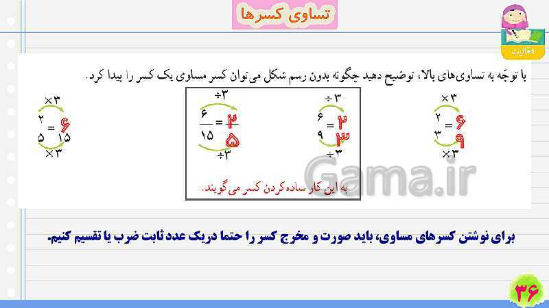 پاورپوینت تساوی کسرها | تدریس ریاضی چهارم- پیش نمایش