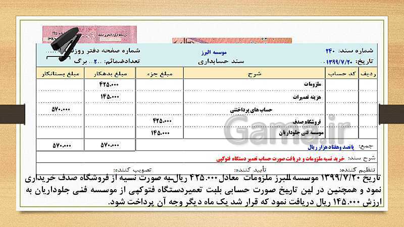 پاورپوینت تدریس فصل 3: ثبت اطلاعات مالی در سند و دفاتر حسابداری | مهارت کمک حسابدار پایه دهم رشته حسابداری مالی - پیش نمایش