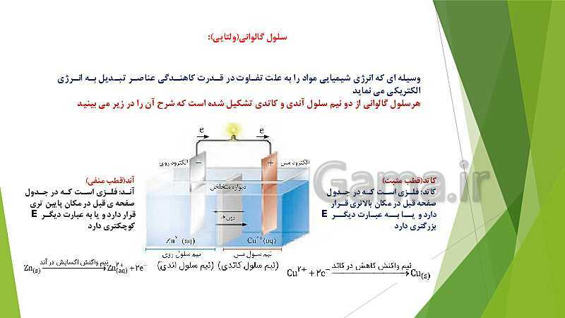 پاورپوینت شیمی دوازدهم | فصل دوم | قسمت 2: سلول گالوانی، نقش لیتیم در ذخیره انرژی الکتریکی و سلول سوختی- پیش نمایش