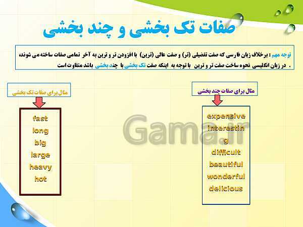 پاورپوینت آموزش ساده و تصویری گام به گام صفات تساوی، تفضیلی و عالی- پیش نمایش