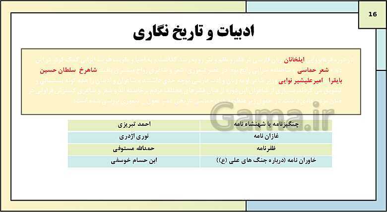 پاورپوینت تدریس درس 12: فرهنگ و هنر در دوره مغول - تیموری | کتاب درسی تاریخ یازدهم انسانی- پیش نمایش