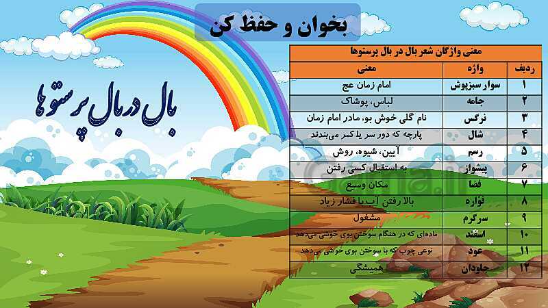 پاورپوینت فارسی پنجم ابتدایی | درس 13: روزی که باران می‌بارید و شعر بال در بال پرستوها- پیش نمایش