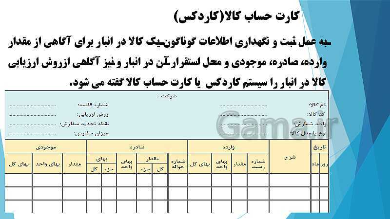 پاورپوینت تدریس پودمان سوم حسابداری خرید و فروش | حسابداری تنظیم کارت حساب کالا- پیش نمایش