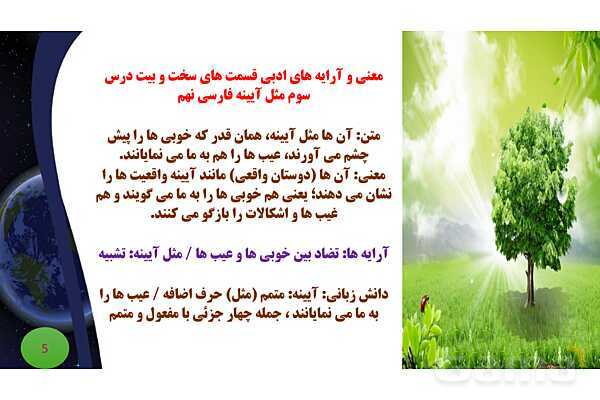 پاورپوینت معنی و آرایه های درس 3 فارسی نهم؛ مثل آیینه و شعر کار و شایستگی- پیش نمایش