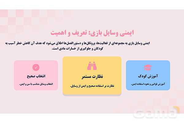 پاورپوینت پودمان 2: ایمنی وسایل بازی؛ کودکان سالم، اینده‌ای امن | درس کنترل بهداشت و ایمنی محیط مراکز پیش از دبستان- پیش نمایش