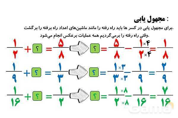 پاورپوینت مجهول یابی در کسر، عملیات روی کسرها و روش شمشیری در مقایسه کسرها- پیش نمایش