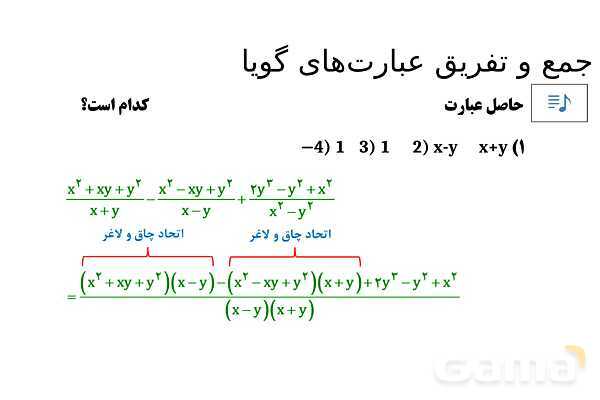 پاورپوینت تدریس تیزهوشانی «جمع و تفریق عبارت‌های گویا» پایه نهم- پیش نمایش