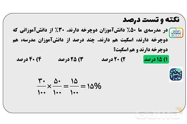 پاور تدریس ریاضی ششم تیزهوشانی | نکته و تست درصد- پیش نمایش