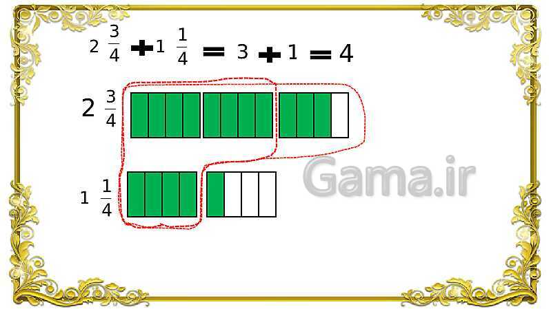 پاورپوینت ریاضی پنجم دبستان | جمع کسر و اعداد مخلوط- پیش نمایش