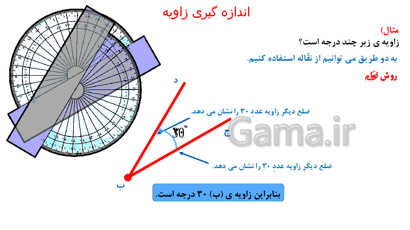 پاورپوینت آموزشی ریاضی پنجم دبستان | زاویه، اندازه گیری، مقایسه و ترسیم زاویه - پیش نمایش