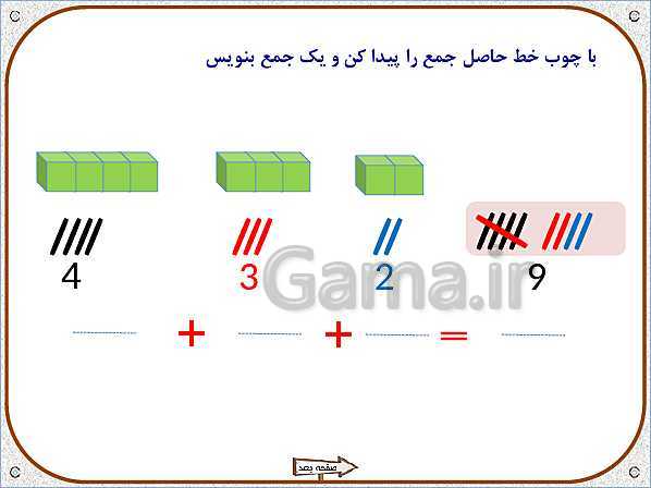 پاورپوینت ریاضی اول دبستان |  تم 17: جمع و تفریق های ترکیبی با چوب خط و محور، مفهوم بین- پیش نمایش