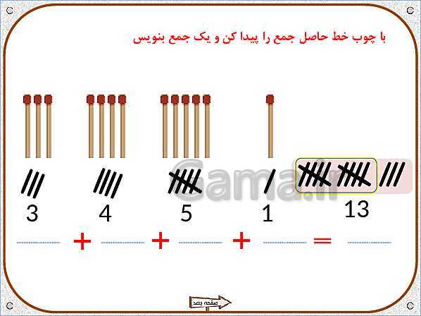 پاورپوینت ریاضی اول دبستان |  تم 17: جمع و تفریق های ترکیبی با چوب خط و محور، مفهوم بین- پیش نمایش