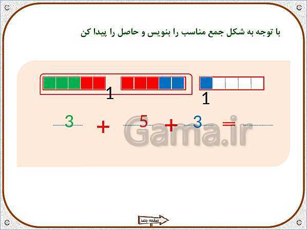 پاورپوینت ریاضی اول دبستان |  تم 17: جمع و تفریق های ترکیبی با چوب خط و محور، مفهوم بین- پیش نمایش