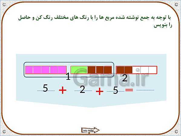 پاورپوینت ریاضی اول دبستان |  تم 17: جمع و تفریق های ترکیبی با چوب خط و محور، مفهوم بین- پیش نمایش