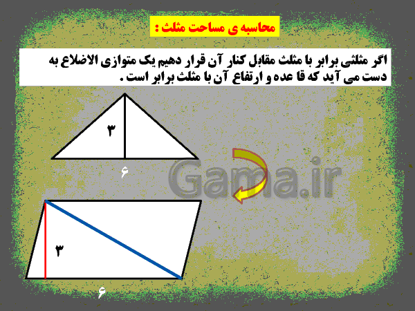 پاورپوینت آموزشی ریاضی چهارم ابتدائی | ارتفاع و مساحت مثلث و متوازی الاضلاع- پیش نمایش