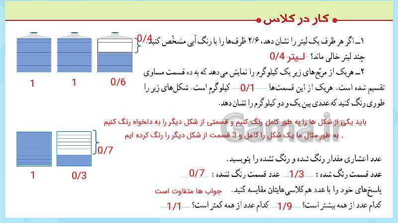 پاورپوینت فعالیت و کار در کلاس و تمرین ریاضی پنجم دبستان | فصل 5: عددهای اعشاری (صفحه 87 تا 104)- پیش نمایش