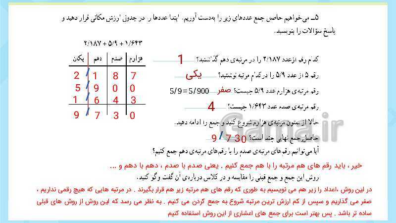 پاورپوینت فعالیت و کار در کلاس و تمرین ریاضی پنجم دبستان | فصل 5: عددهای اعشاری (صفحه 87 تا 104)- پیش نمایش