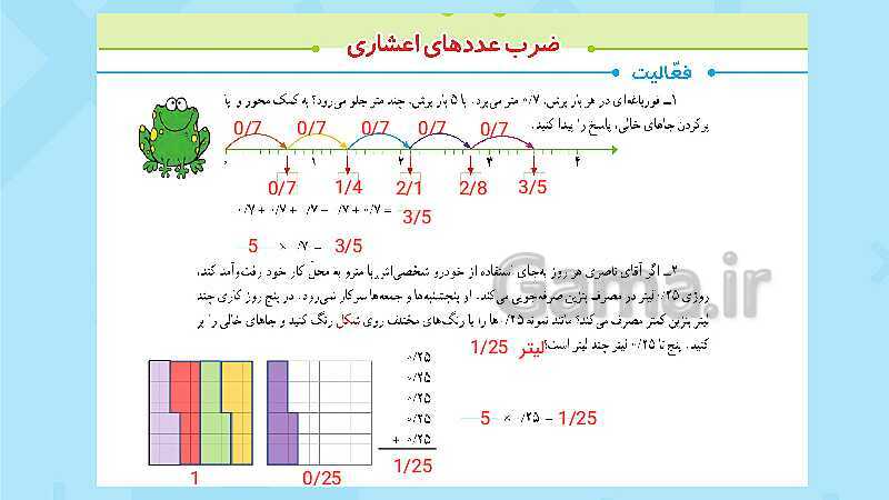 پاورپوینت فعالیت و کار در کلاس و تمرین ریاضی پنجم دبستان | فصل 5: عددهای اعشاری (صفحه 87 تا 104)- پیش نمایش