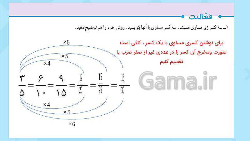 پاورپوینت فعالیت و کار در کلاس و تمرین ریاضی پنجم دبستان | فصل 2: کسر (صفحه 40 تا 46)- پیش نمایش