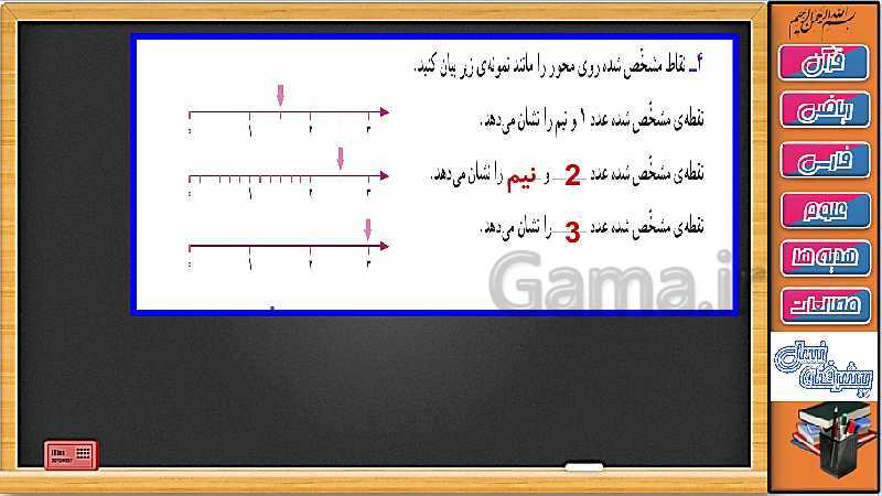 پاورپوینت ریاضی سوم دبستان | فصل 3: آموزش کسر بزرگ تر از واحد روی ساعت، محور و ترازو- پیش نمایش