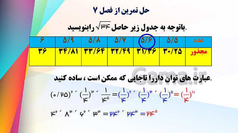 پاورپوینت آموزش و حل مسئله های فصل 7 ریاضی هشتم | توان و جذر (صفحه 102 تا 117)- پیش نمایش