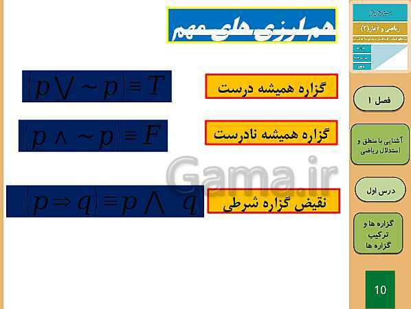 پاورپوینت تدریس ریاضی و آمار (2) یازدهم رشته انسانی | فصل 1: آشنایی با منطق و استدلال ریاضی- پیش نمایش