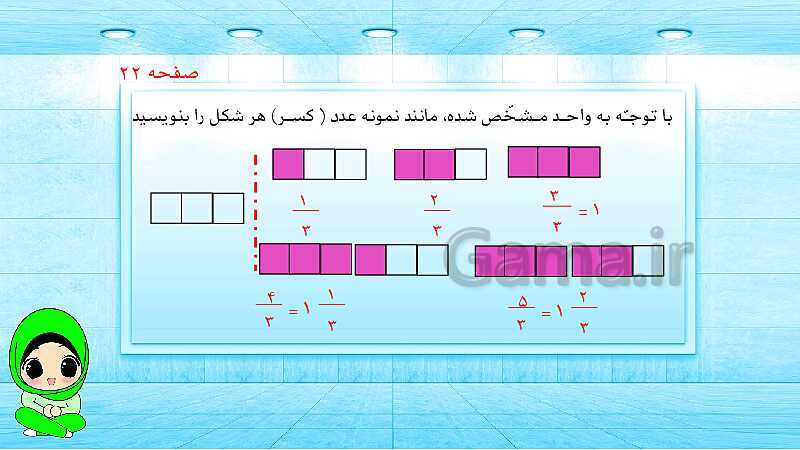 پاورپوینت ریاضی پنجم دبستان | کسرهای بزرگ‌تر از واحد- پیش نمایش