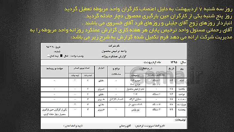 پاورپوینت سرپرست ترخیص محصول یازدهم کاردانش | فصل 7: گزارشات واحد ترخیص- پیش نمایش