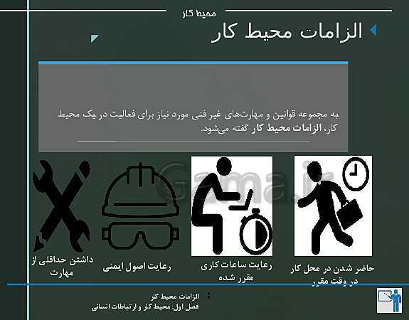 پاورپوینت الزامات محیط کار دهم هنرستان | پودمان 1: محیط کار و ارتباطات انسانی - پیش نمایش