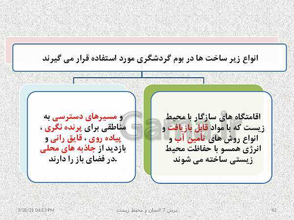 پاورپوینت نقشه مفهومی انسان و محیط زیست | درس 7: محیط زیست، بستر گردشگری مسئولانه- پیش نمایش