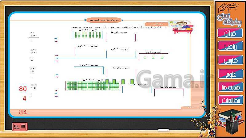 پاورپوینت فصل 8 ریاضی سوم دبستان | جلسه ششم: محاسبه ضرب با رسم شکل و بدون رسم شکل- پیش نمایش