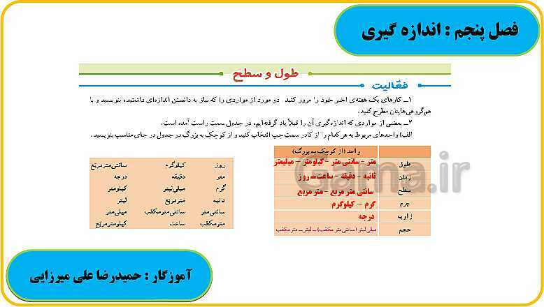 پاورپوینت حل فعالیت، کار در کلاس و تمرین های ریاضی ششم دبستان | فصل 5: اندازه گیری- پیش نمایش