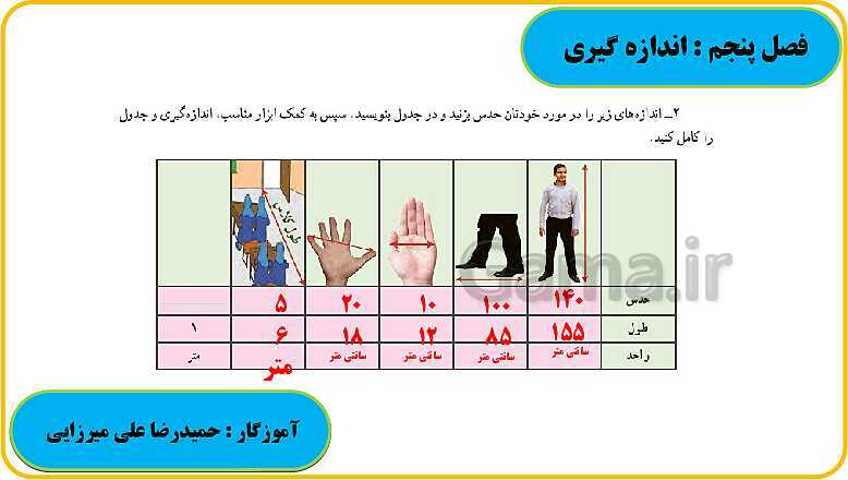 پاورپوینت حل فعالیت، کار در کلاس و تمرین های ریاضی ششم دبستان | فصل 5: اندازه گیری- پیش نمایش