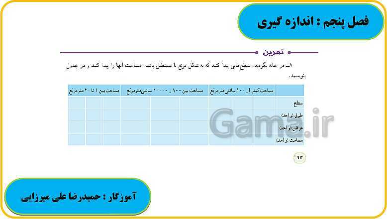 پاورپوینت حل فعالیت، کار در کلاس و تمرین های ریاضی ششم دبستان | فصل 5: اندازه گیری- پیش نمایش