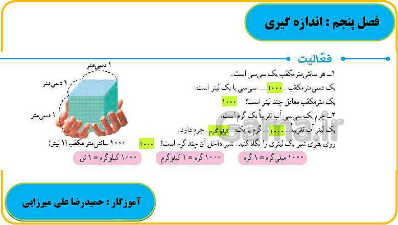 پاورپوینت حل فعالیت، کار در کلاس و تمرین های ریاضی ششم دبستان | فصل 5: اندازه گیری- پیش نمایش