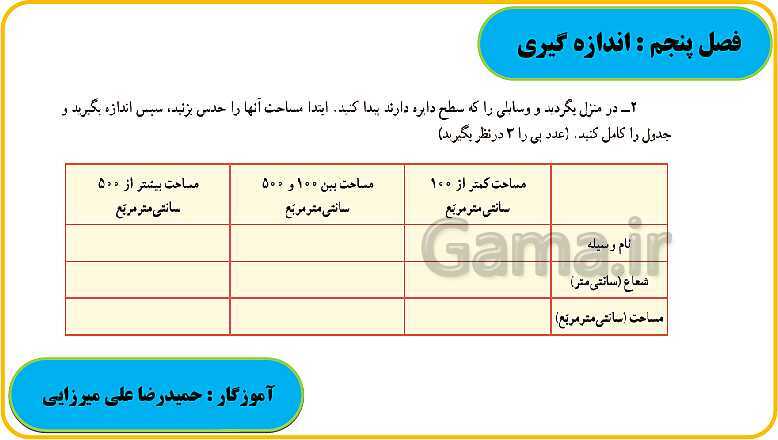 پاورپوینت حل فعالیت، کار در کلاس و تمرین های ریاضی ششم دبستان | فصل 5: اندازه گیری- پیش نمایش