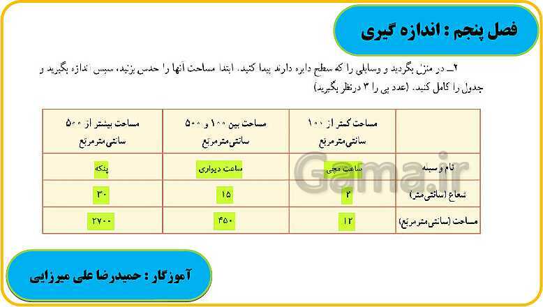 پاورپوینت حل فعالیت، کار در کلاس و تمرین های ریاضی ششم دبستان | فصل 5: اندازه گیری- پیش نمایش