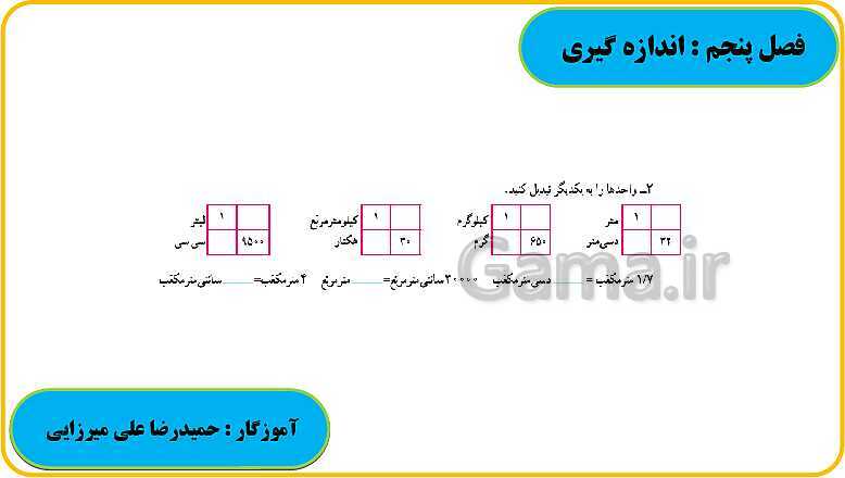 پاورپوینت حل فعالیت، کار در کلاس و تمرین های ریاضی ششم دبستان | فصل 5: اندازه گیری- پیش نمایش