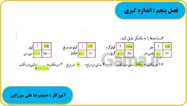 پاورپوینت حل فعالیت، کار در کلاس و تمرین های ریاضی ششم دبستان | فصل 5: اندازه گیری- پیش نمایش