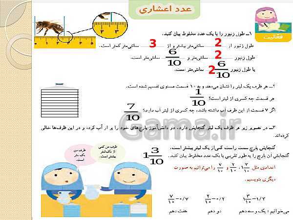 پاورپوینت ریاضی چهارم دبستان | فصل 5: عدد مخلوط و عدد اعشاری (حل فعالیت ها و کار در کلاس صفحات 104 تا 106)- پیش نمایش