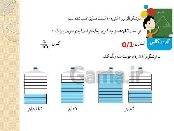 پاورپوینت ریاضی چهارم دبستان | فصل 5: عدد مخلوط و عدد اعشاری (حل فعالیت ها و کار در کلاس صفحات 104 تا 106)- پیش نمایش