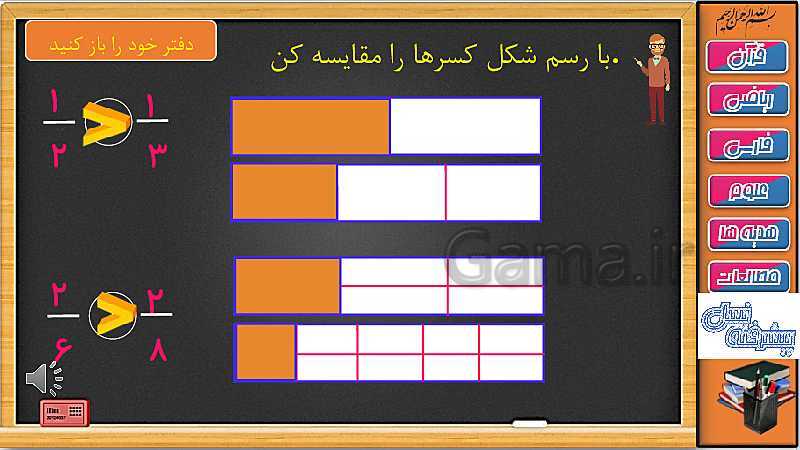 پاورپوینت ریاضی سوم دبستان | فصل 3: مقایسه کسرها با رسم شکل- پیش نمایش