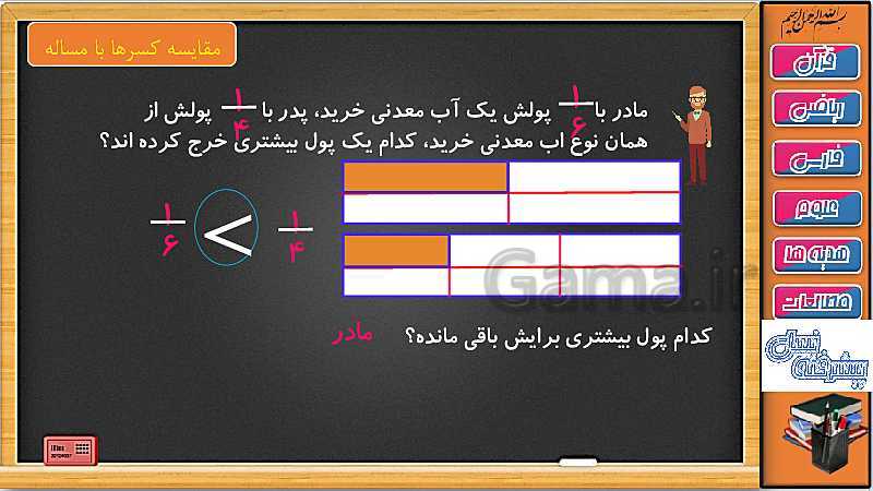 پاورپوینت ریاضی سوم دبستان | فصل 3: مقایسه کسرها با رسم شکل- پیش نمایش